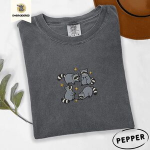Pepper Playful Raccoons Embroidered T-Shirt