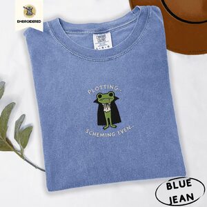 Blue Jean Plotting Scheming Even Vampire Frog Embroidered T-Shirt