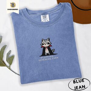 Blue Jean Plotting Scheming Vampire Raccoon Embroidered T-Shirt