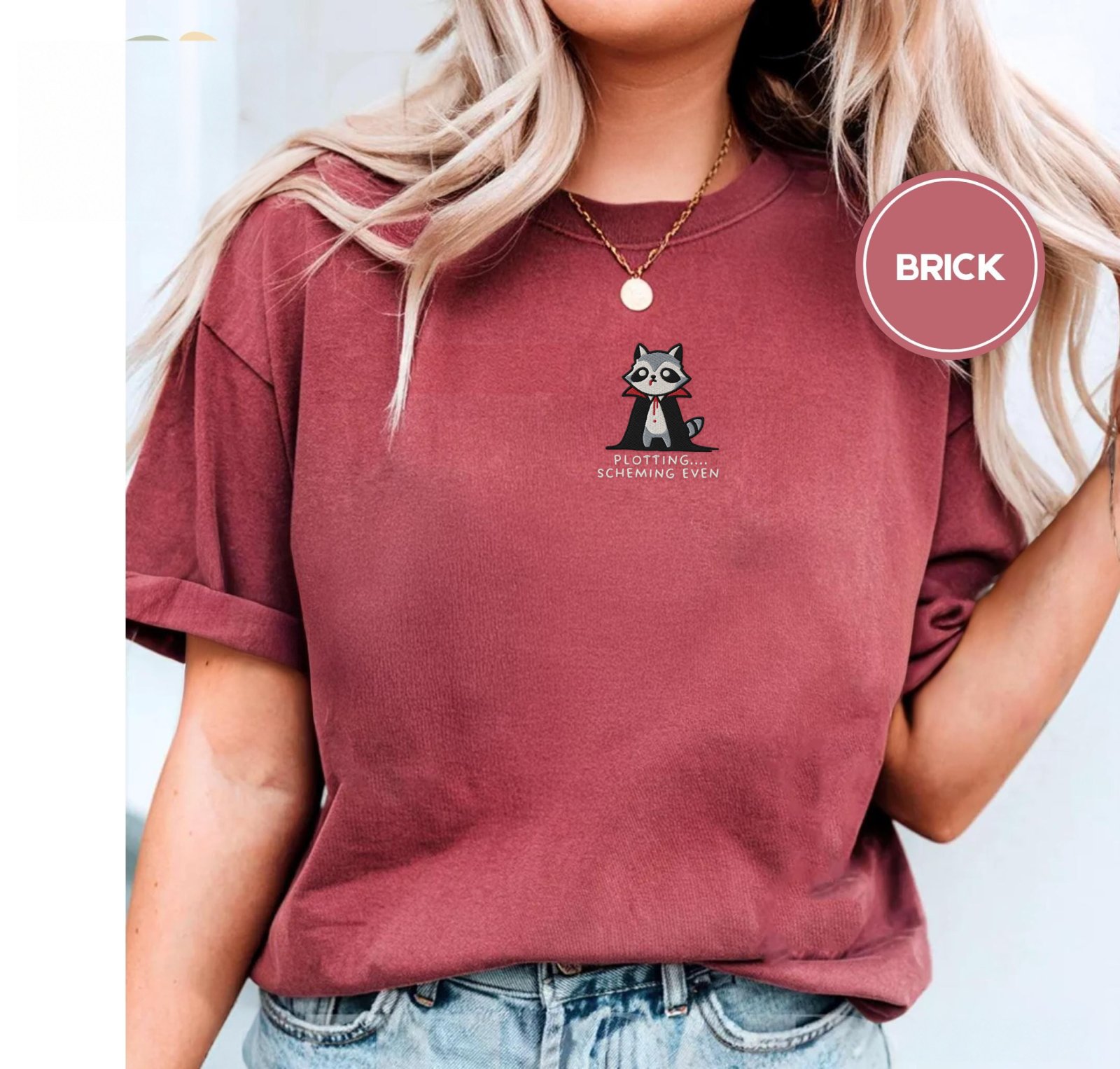 Person wearing a brick Plotting Scheming Vampire Raccoon Embroidered T-Shirt