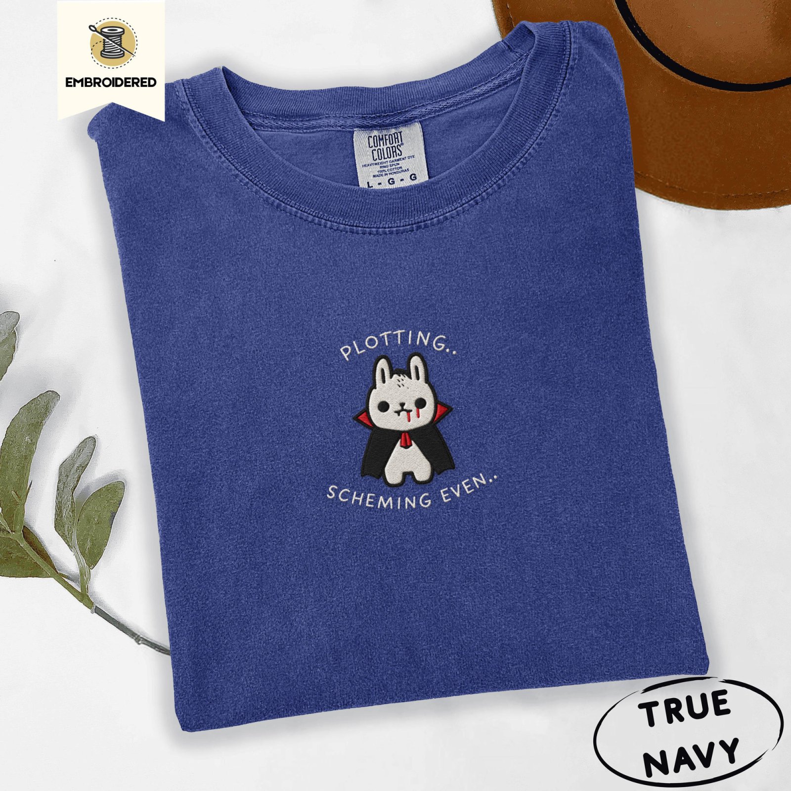 True Navy Plotting Vampire Bunny Embroidered T-Shirt