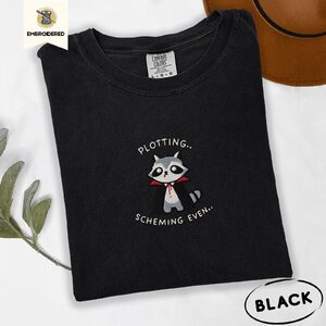 Black Plotting Vampire Raccoon Embroidered T-Shirt