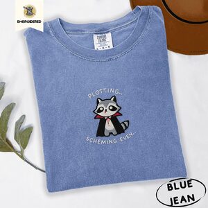 Blue Jean Plotting Vampire Raccoon Embroidered T-Shirt