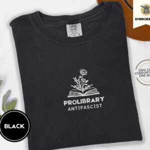 Black Pro-Library Anti-Fascist Embroidered T-Shirt