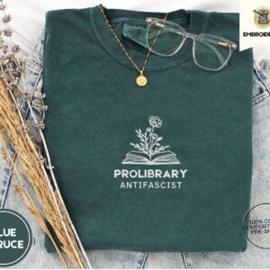 Blue Spruce Pro-Library Anti-Fascist Embroidered T-Shirt