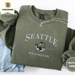 Military Green Puget Sound Orca Duo Embroidered Sweatshirt