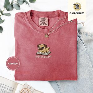 Crimson Pugs and Books Embroidered T-Shirt
