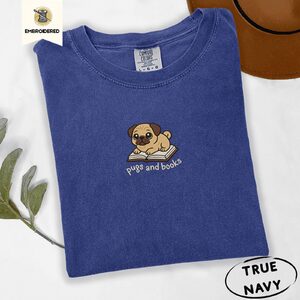 True Navy Pugs and Books Embroidered T-Shirt