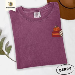 Berry Pumpkin Book Stack Embroidered T-Shirt