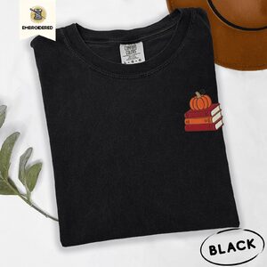 Black Pumpkin Book Stack Embroidered T-Shirt