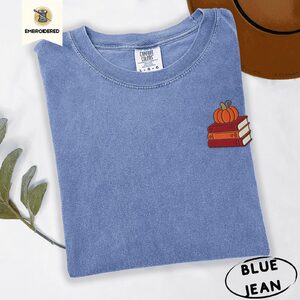 Blue Jean Pumpkin Book Stack Embroidered T-Shirt