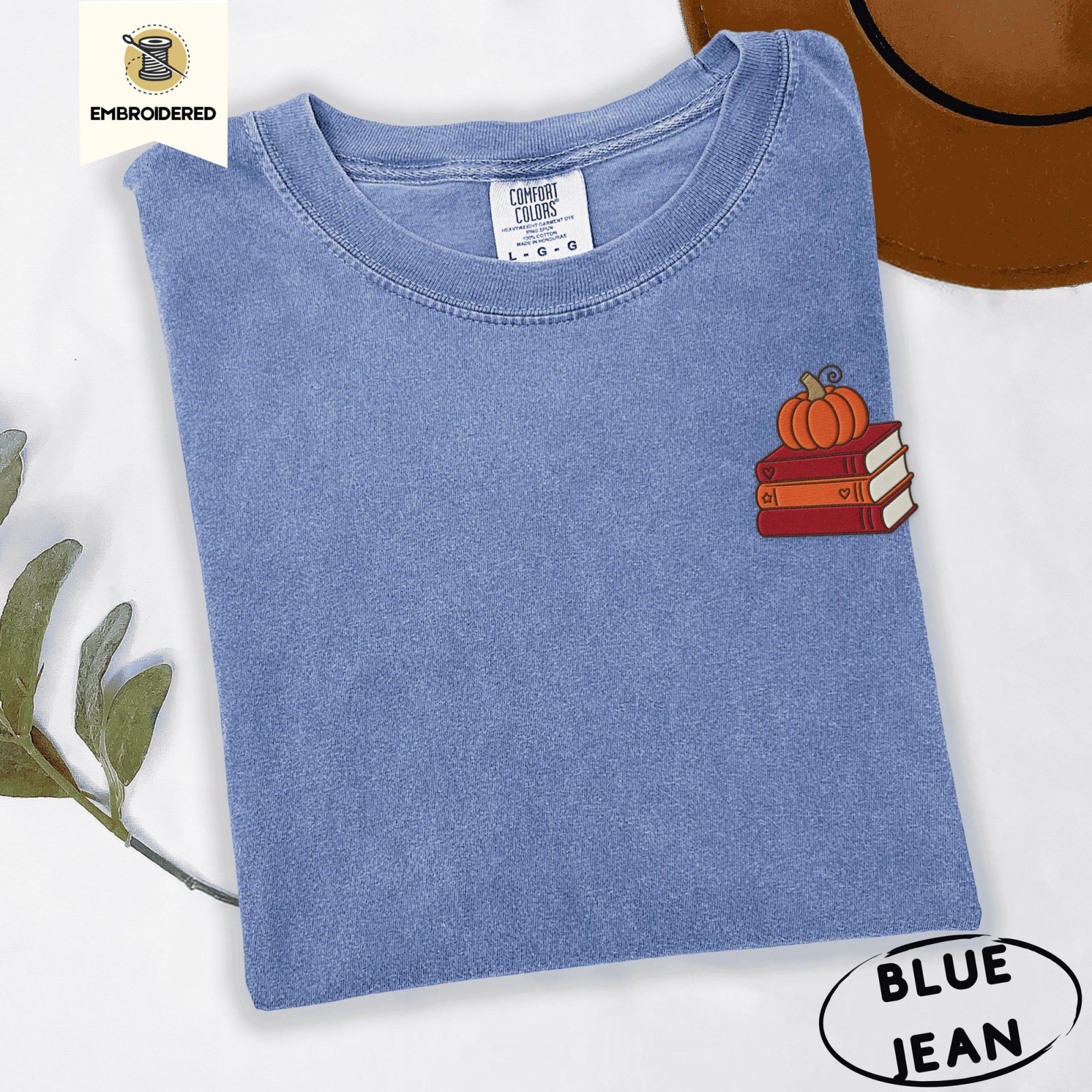 Blue Jean Pumpkin Book Stack Embroidered T-Shirt