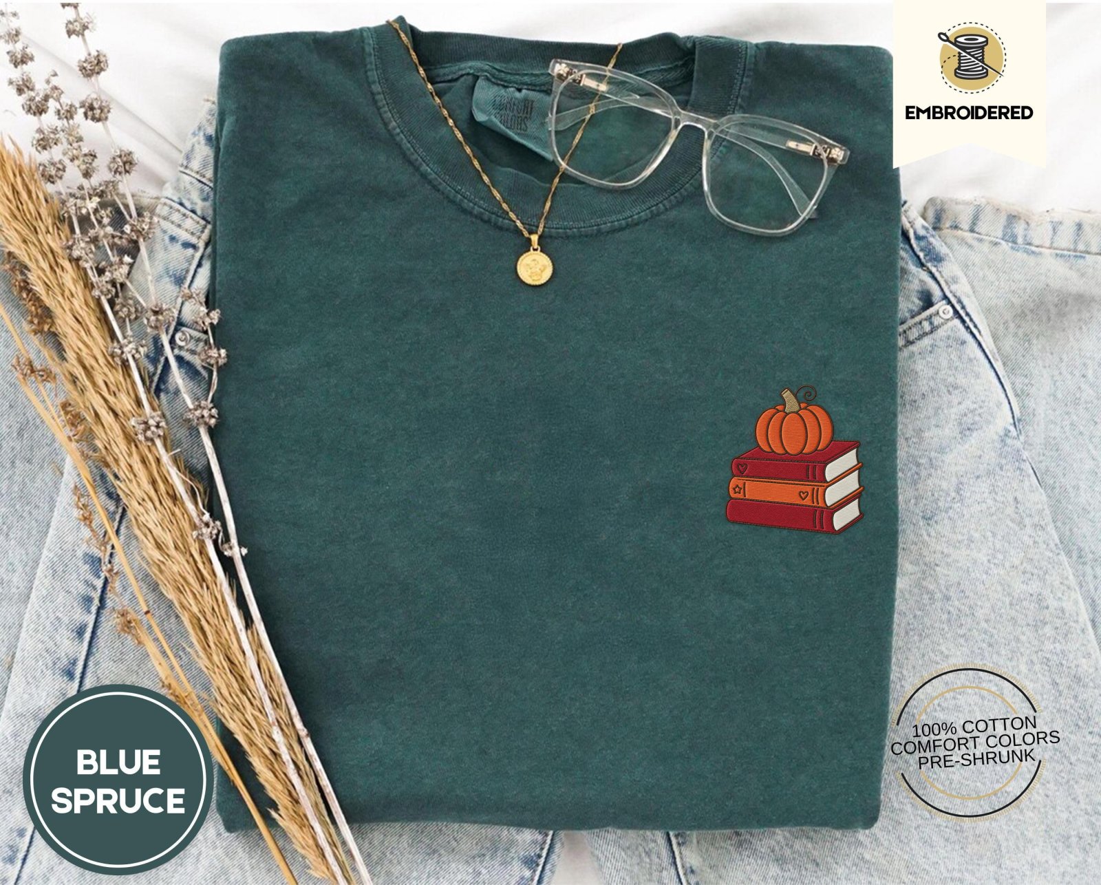 Blue Spruce Pumpkin Book Stack Embroidered T-Shirt