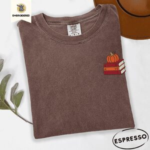 Espresso Pumpkin Book Stack Embroidered T-Shirt
