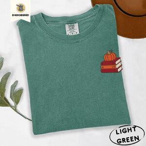 Light Green Pumpkin Book Stack Embroidered T-Shirt