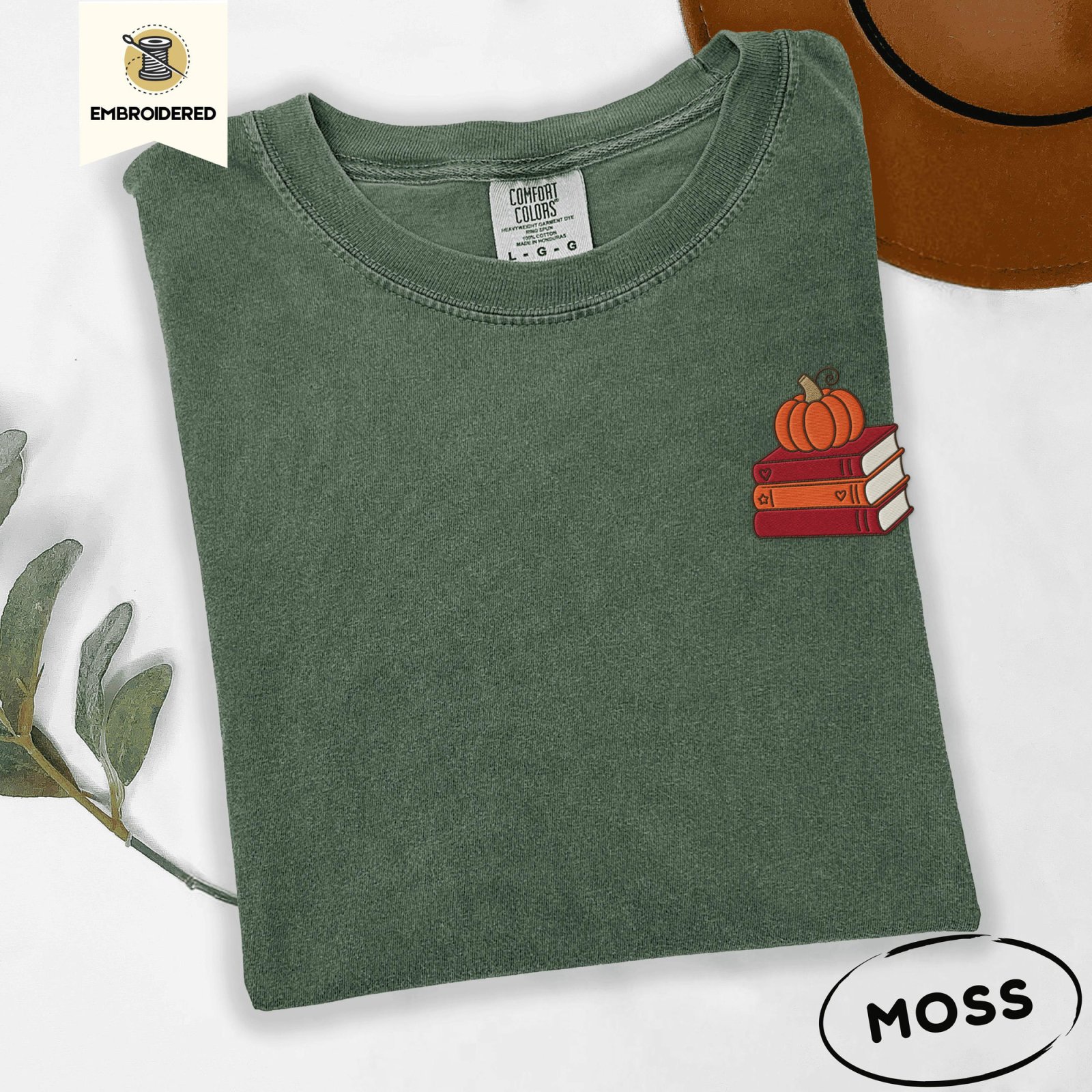 Moss Pumpkin Book Stack Embroidered T-Shirt