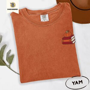 Yam Pumpkin Book Stack Embroidered T-Shirt