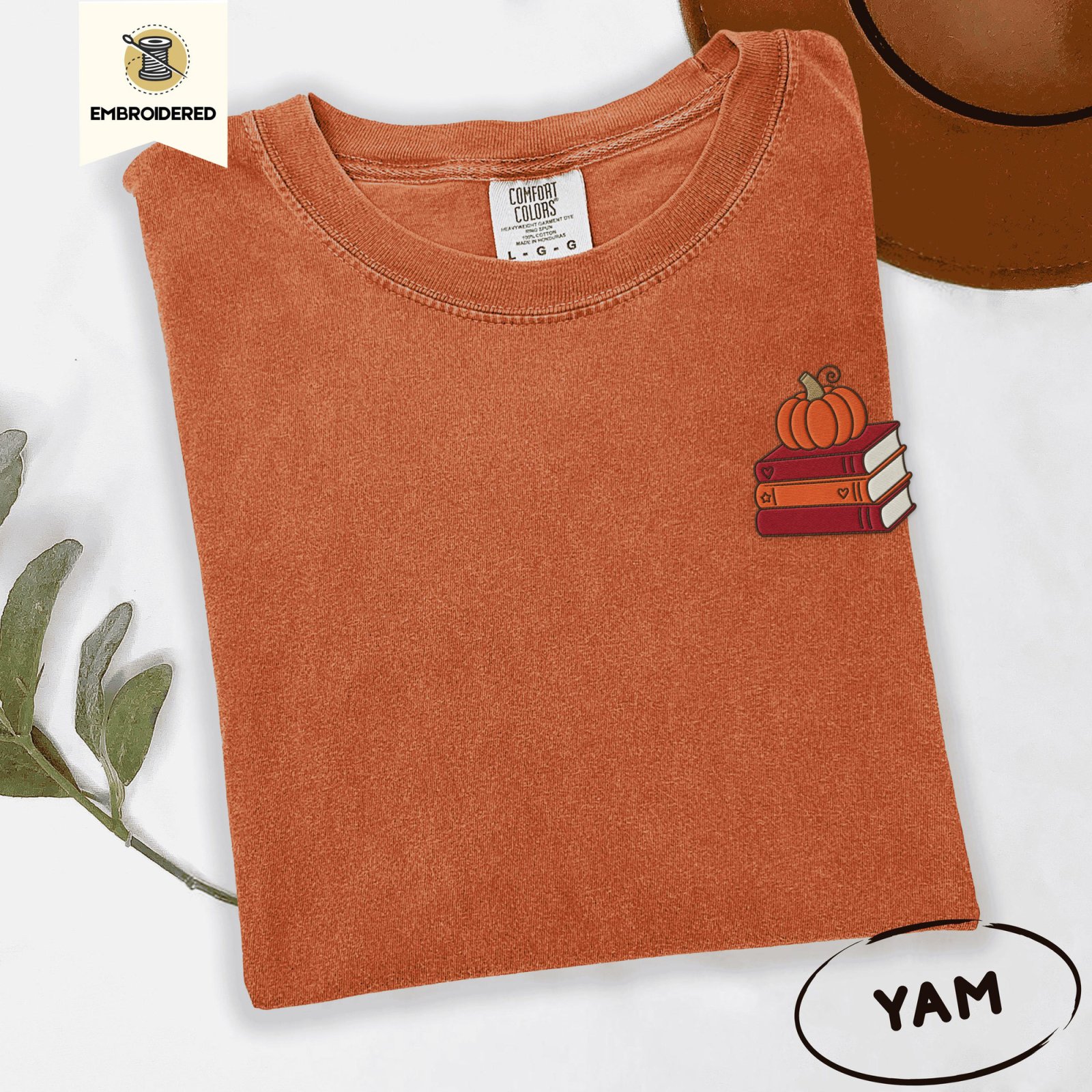 Yam Pumpkin Book Stack Embroidered T-Shirt
