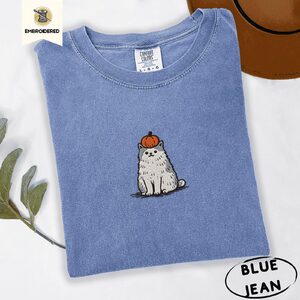 Blue Jean Pumpkin Cat Embroidered T-Shirt