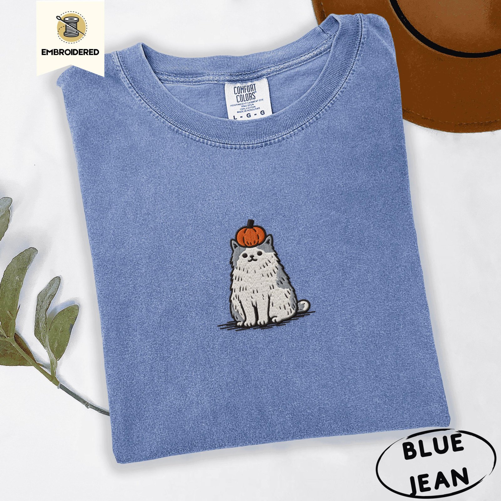 Blue Jean Pumpkin Cat Embroidered T-Shirt