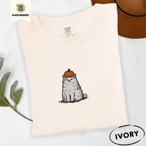Ivory Pumpkin Cat Embroidered T-Shirt