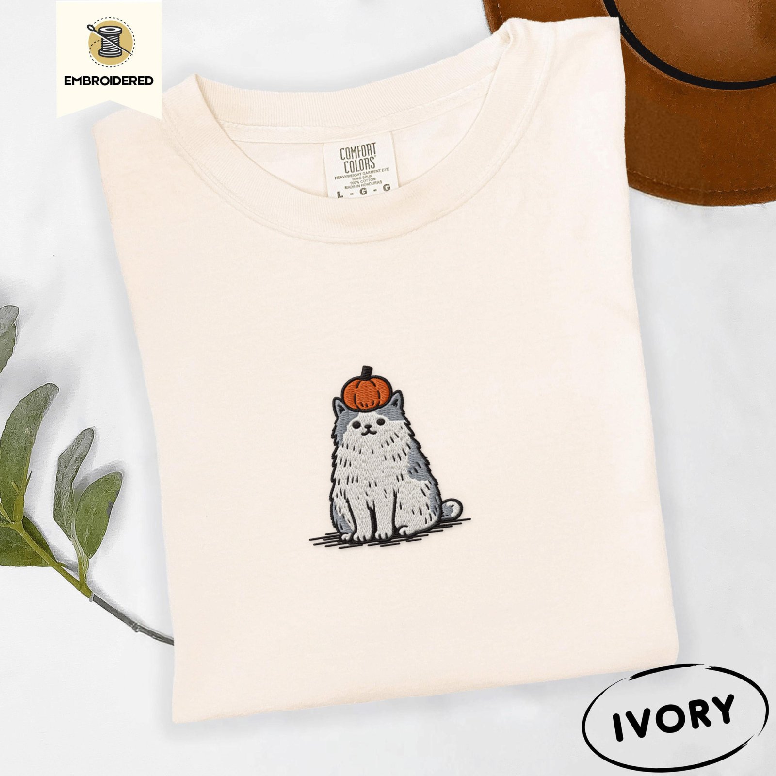 Ivory Pumpkin Cat Embroidered T-Shirt