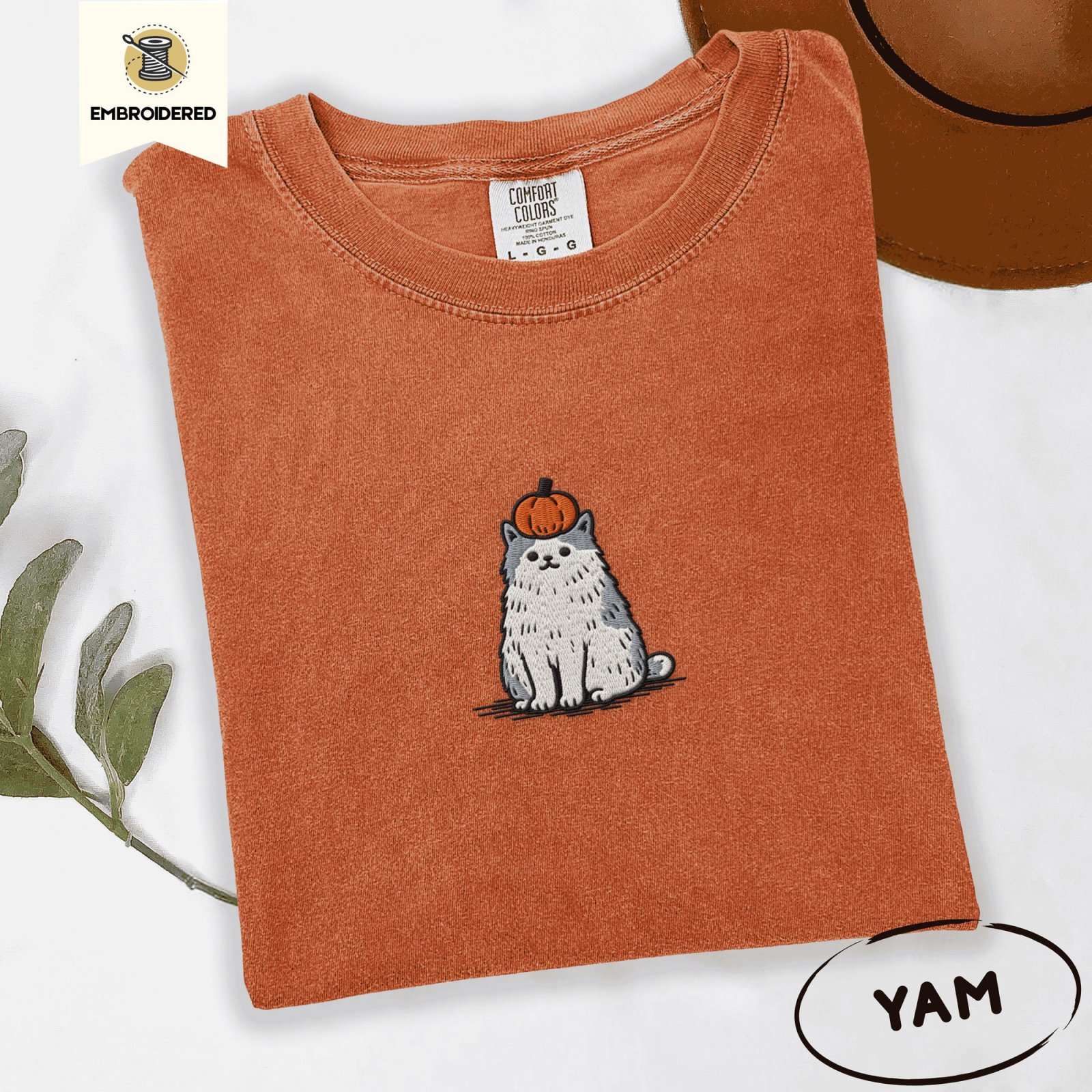 Yam Pumpkin Cat Embroidered T-Shirt