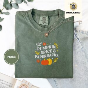 Moss Pumpkin Spice and Paperbacks Embroidered T-Shirt