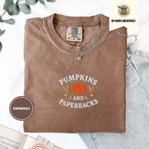 Espresso Pumpkins and Paperbacks Embroidered T-Shirt