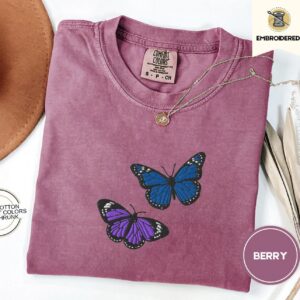Berry Purple and Blue Butterflies Embroidered T-Shirt