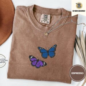 Espresso Purple and Blue Butterflies Embroidered T-Shirt