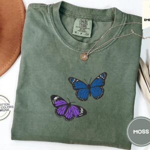 Moss Purple and Blue Butterflies Embroidered T-Shirt