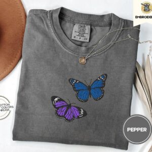 Pepper Purple and Blue Butterflies Embroidered T-Shirt
