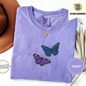 Violet Purple and Blue Butterflies Embroidered T-Shirt