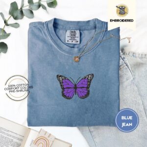 Blue Jean Purple Butterfly Embroidered T-Shirt