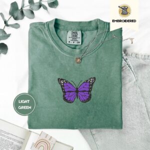 Light Green Purple Butterfly Embroidered T-Shirt