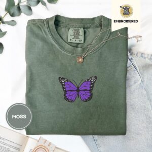 Moss Purple Butterfly Embroidered T-Shirt