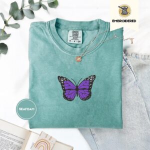 Seafoam Purple Butterfly Embroidered T-Shirt