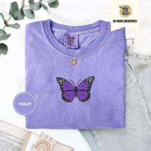 Violet Purple Butterfly Embroidered T-Shirt
