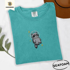 Seafoam Raccoon and Gold Stars Embroidered T-Shirt