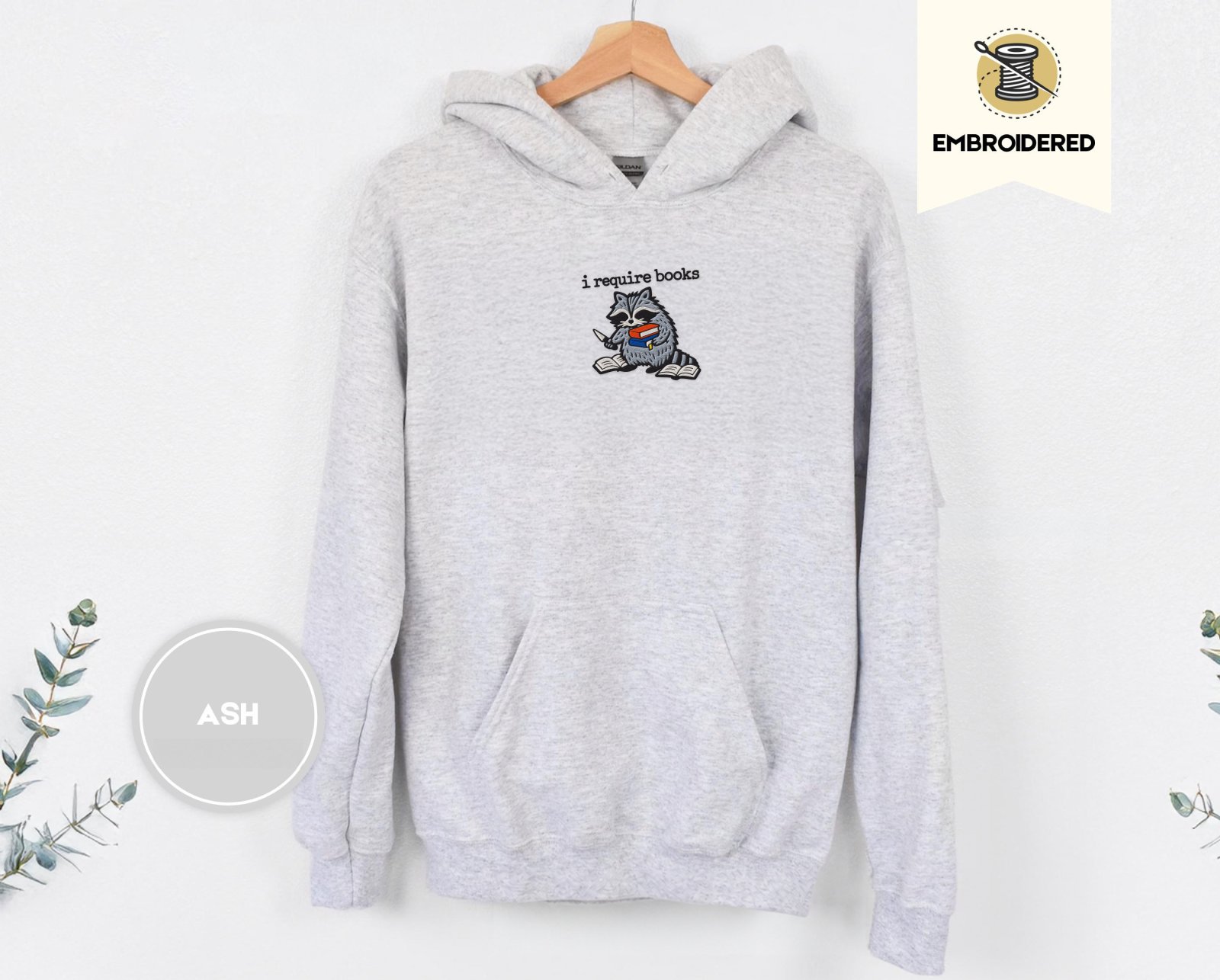 Ash Raccoon and Open Books Embroidered Hoodie