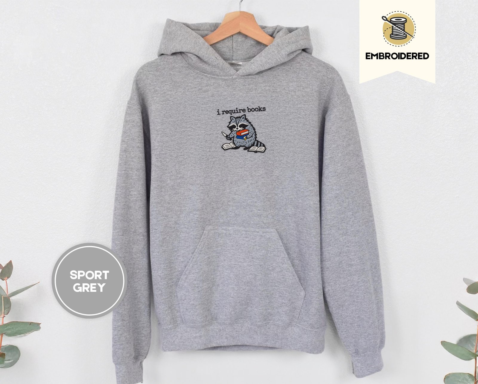 Sport Grey Raccoon and Open Books Embroidered Hoodie