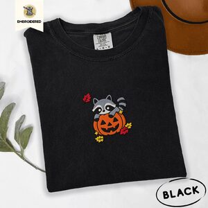 Black Raccoon and Pumpkin Embroidered T-Shirt