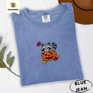 Blue Jean Raccoon and Pumpkin Embroidered T-Shirt