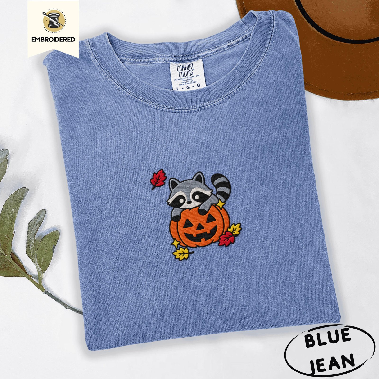 Blue Jean Raccoon and Pumpkin Embroidered T-Shirt