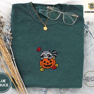 Blue Spruce Raccoon and Pumpkin Embroidered T-Shirt