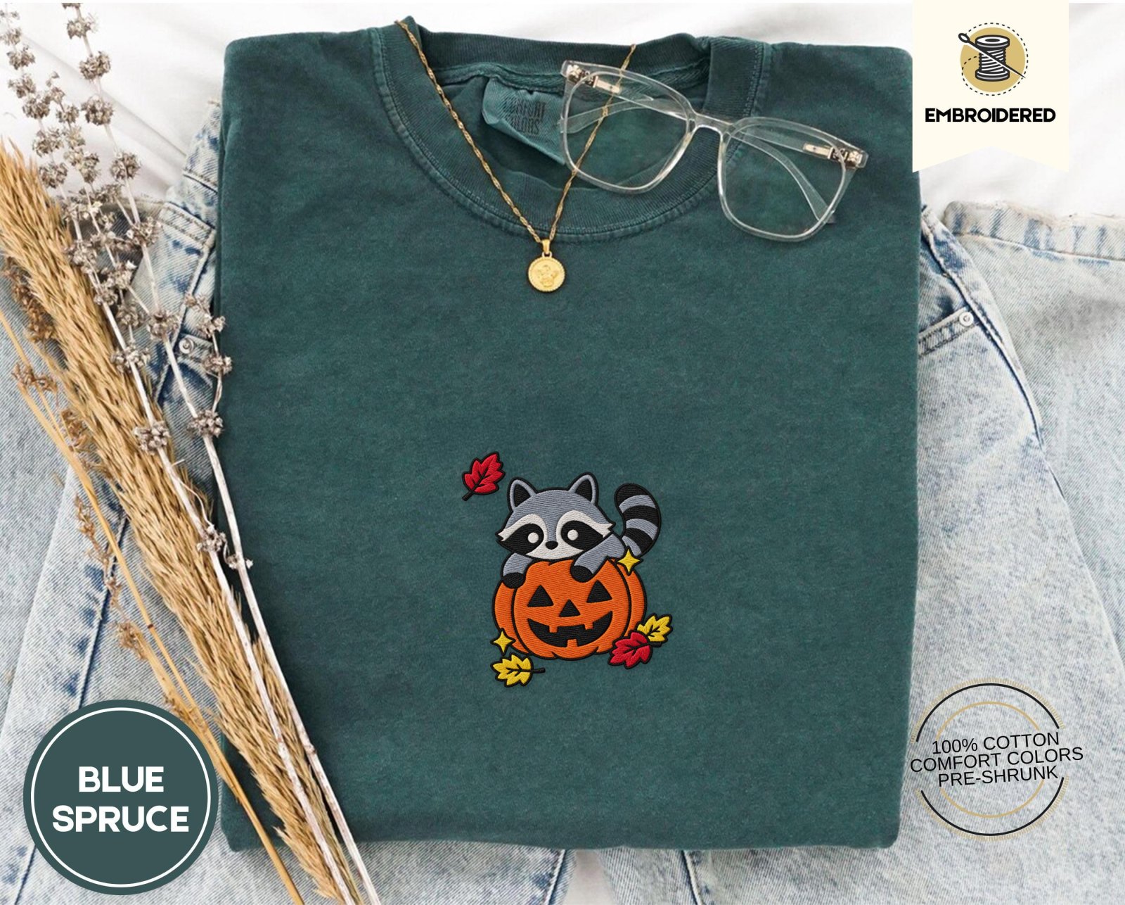 Blue Spruce Raccoon and Pumpkin Embroidered T-Shirt