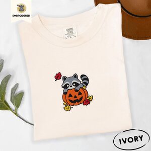 Ivory Raccoon and Pumpkin Embroidered T-Shirt