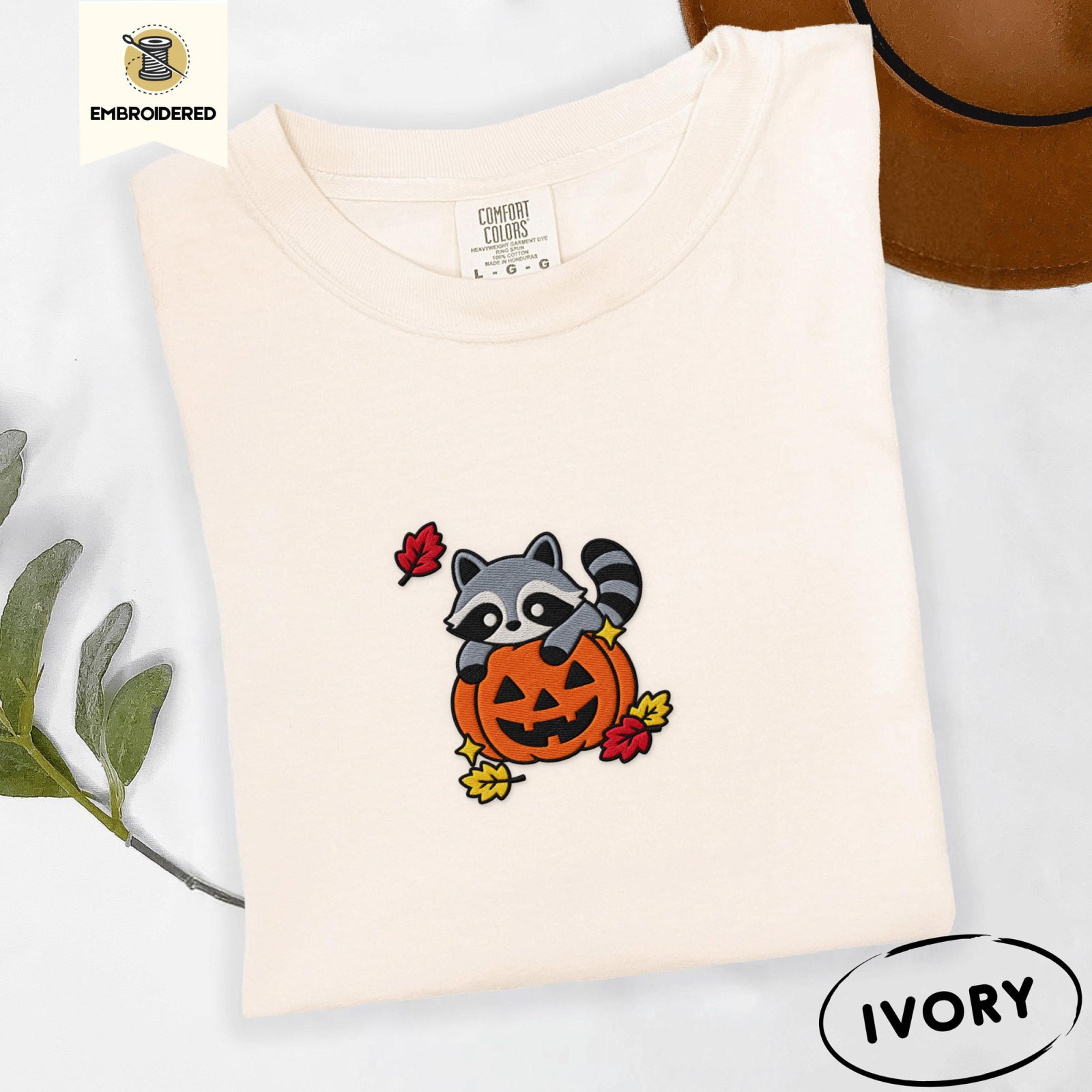 Ivory Raccoon and Pumpkin Embroidered T-Shirt