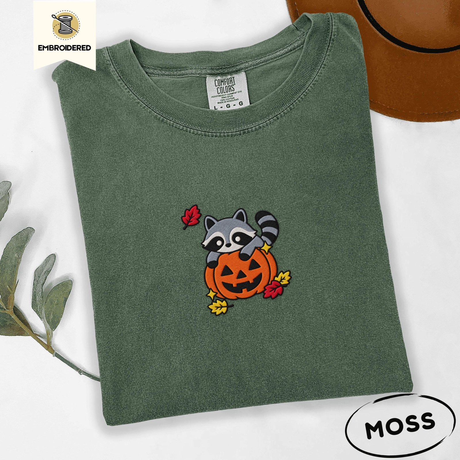 Moss Raccoon and Pumpkin Embroidered T-Shirt